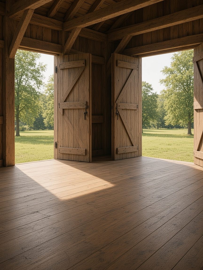 Open barn doors looking onto a green lawn and trees