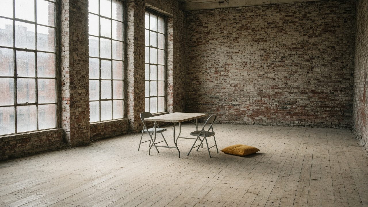 Empty loft with brick walls, tall windows, and a folding table