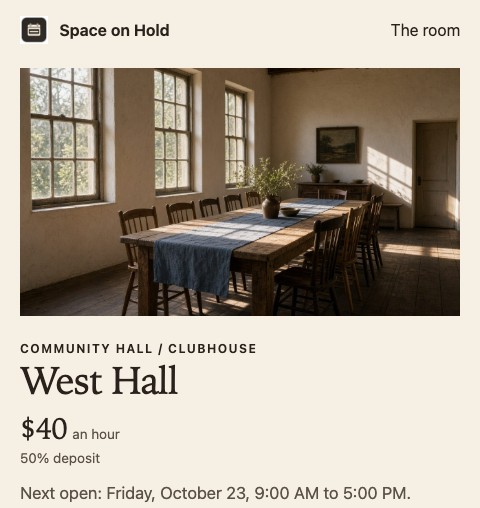 Guest page for a community hall, with open hours and a book button