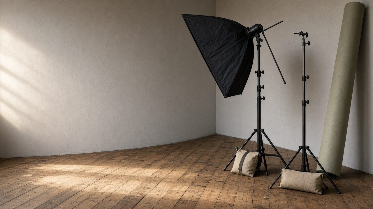 Photo studio with a cove wall, C-stands, and a rolled paper backdrop