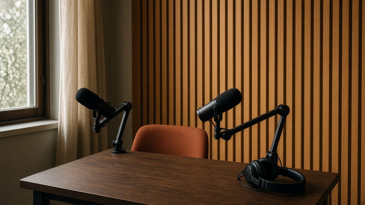 Podcast room with a wood table, two microphones, and a slat wall