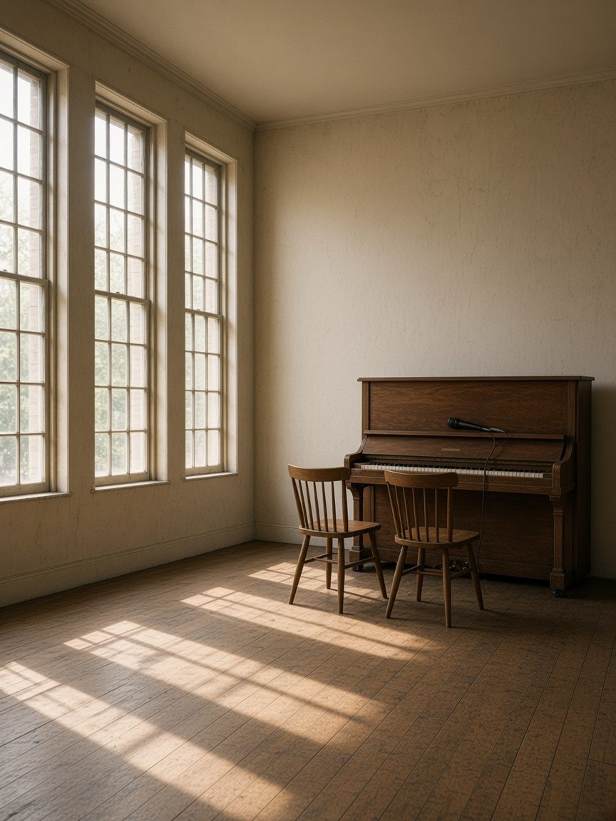 Rehearsal room with an upright piano, two chairs, and a microphone