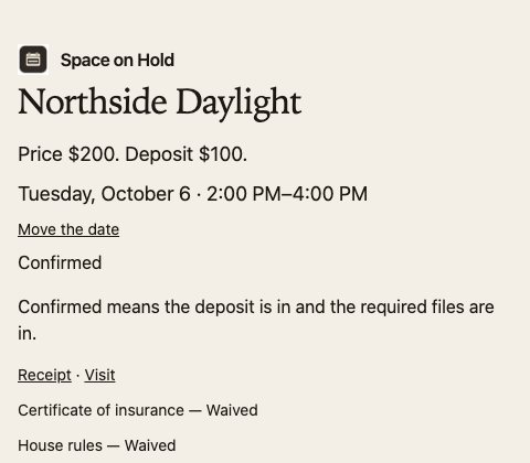 The same booking after the file and the signature, status confirmed